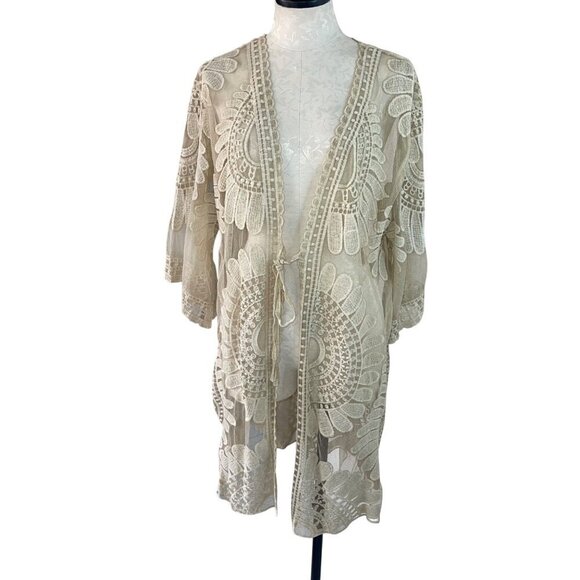 Blue Island Womens Cover Up Size Large Beige Swim Kimono Embroidered Floral New - Picture 1 of 8